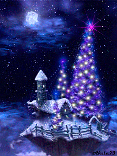 Middelgrote kerstanimatie van een kerstboom - Kerkje met twee blauwe kerstbomen met gele kerstverlichting bij volle maan