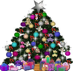 Middelgrote kerstanimatie van een kerstboom - Kerstboom met gekleurde kerstballen en witte sterren met daaronder veel kerstcadeaus