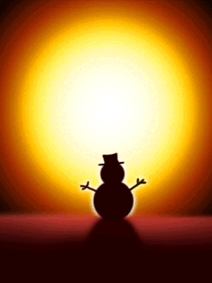 Middelgrote animatie van een rendier - Sneeuwpop zwaait naar de kerstman die met zijn rendieren en arrenslee voorbij komt vliegen