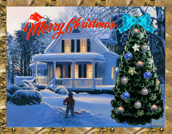 Grote kerstanimatie van een kerstboom - Merry Christmas met een huis in de sneeuw en en jongentje dat de sneeuw opruimt
