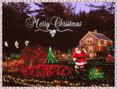 Grote kerst animatie van kerstverlichting - Merry Christmas met een huis met slangverlichting en veel kerstverlichtiing in de tuin