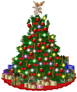 Middelgrote kerstanimatie van een kerstboom - Kerstboom met gekleurde twinkelverlichting en rode kerstballen