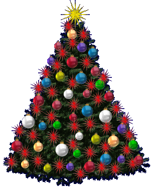 Grote kerstanimatie van een kerstboom - Kerstboom vol met gekleurde kerstballen en rode kerstverlichting