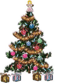 Middelgrote kerstanimatie van een kerstboom - Kerstboom met gekleurde kerstverlichting en daaronder vier kerstcadeaus