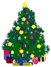 Middelgrote kerstanimatie van een kerstboom - Kerstboom met gele sterren en onder de boom een verzameling kerstcadeaus