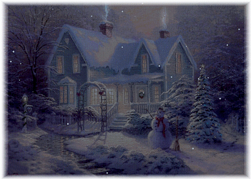 Grote kerst animatie van kerstverlichting - Huis in de sneeuw met een sneeuwpop ervoor waar het licht aan gaat