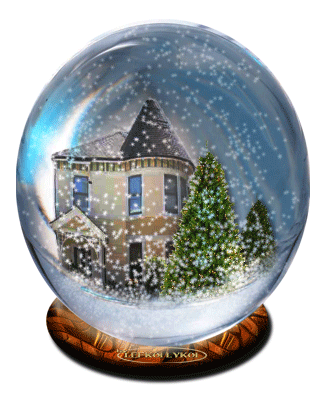 Grote animatie van een sneeuwglobe - Sneeuwglobe met een huis met een sparrenboom ervoor
