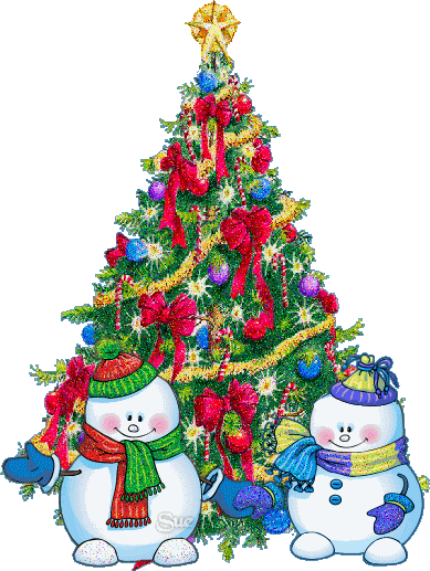 Grote kerstanimatie van een kerstboom - Kerstboom met rode strikken en gele slingers en twee sneeuwpoppen ervoor