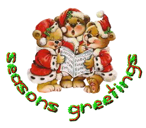 Middelgrote animatie van een kerstwens - Seasons Greetings met drie beren die kerstliederen zingen