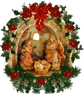 Grote kerstanimatie van een kerstkrans - Kerstkrans met rode kerststerren en daarin Jozef en Maria met het kindeke Jezus in de kribbe