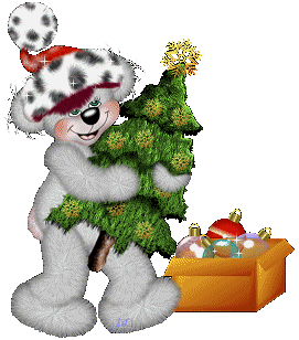 Middelgrote kerstanimatie van een kerstboom - Grijze beer heeft een kerstboom in de armen om die te gaan versieren
