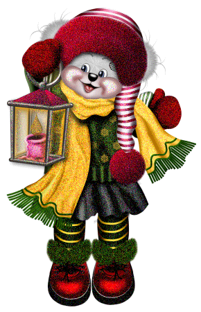 Grote kerstanimatie van een kerstdier - Grijs beertje met kleren aan houdt een lantaarn vast met daarin een brandende roze kaars