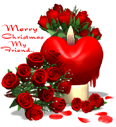 Grote kerstanimatie van een kerstkaars - Brandende rode kaars met rode rozen: Merry Christmas My Friend
