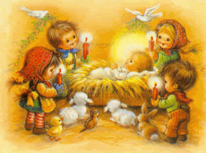 Middelgrote animatie van een kerststal - Kinderen bij Jezus die in de kribbe ligt