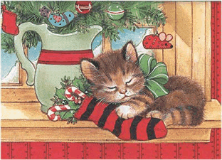 Middelgrote animatie van een kerstdier - Katje dat ligt te slapen op een kerstsok met zuurstokken