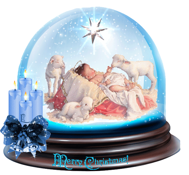 Grote animatie van een sneeuwglobe - Merry Christmas met een sneeuwwereld met het kerstkind in de kribbe en drie lammeren en vier brandende blauwe kaarsen