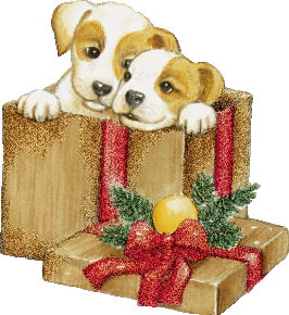 Middelgrote animatie van een kerstcadeau - Twee honden zitten in een bruin kerstcadeau met bruine strik