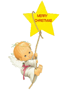 Middelgrote animatie van een kerstwens - Een engeltje hangt aan een gele kerstster te bungelen waar Merry Christnmas op staat