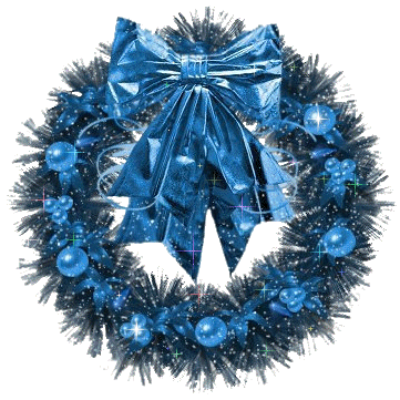 Grote kerstanimatie van een kerstkrans - Blauwe kerstkrans met blauwe strik en blauwe kerstballen met witte sterretjes