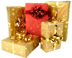 Kleine animatie van een kerstcadeau - Een rood kerstcadeau en vier goudkleurige kerstcadeaus met goudkleurige strikken