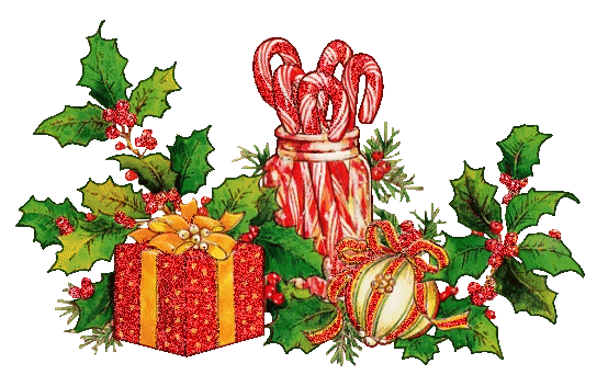Grote kerstanimatie van een kerstcadeau - Hulsttakjes met rode bessen en een rood kerstcadeau met oranje strik en een kerstbal met rode strik