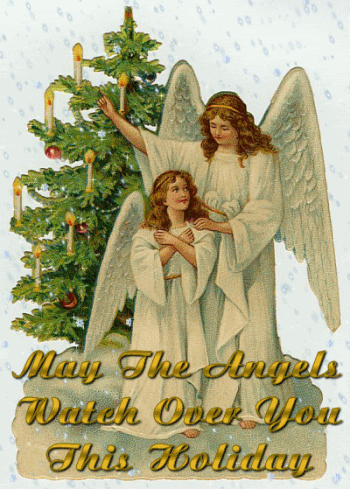 Grote kerstanimatie van een kerstengel - May the angels watch over you this holiday met twee engelen bij de kerstboom