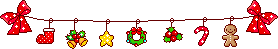 Mini animatie van een kerst lijn - Twee rode strikken met daartussen een koord met kerstversiering