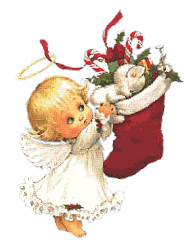 Kleine kerstanimatie van een kerstengel - Engeltje dat cadeaus in een grote rode kerstsok doet
