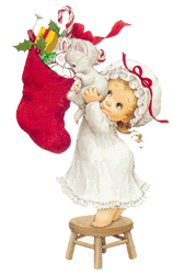 Kleine kerstanimatie van een kerstengel - Engeltje dat cadeaus in een grote rode kerstsok doet