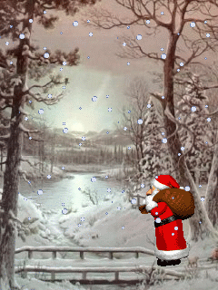 Middelgrote kerstanimatie van een kerstman - De Kerstman loopt met een zak vol cadeaus door een sneeuwlandschap terwijl het sneeuwt