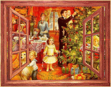 Grote kerstanimatie van een kerstkind - Door het venster is te zien dat de familie bezig is de kerstboom te versieren