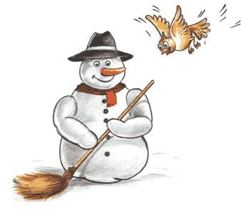 Grote animatie van een sneeuwpop - Een vogel gaat op de neus van de sneeuwpop zitten die met een bezem de straat schoonveegtt