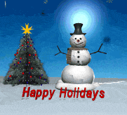 Kleine animatie van een kerstwens - Happy Holidays met een sneeuwpop naast een kerstboom