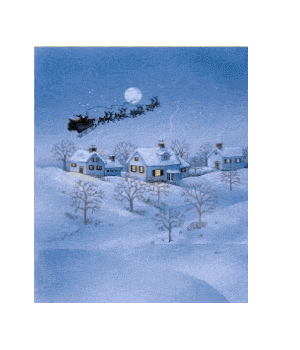Grote kerstanimatie - De Kerstman vliegt met zijn arrenslee en rendieren over het besneeuwde dorp