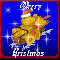 Kleine animatie van een kerstwens - Merry Christmas met twee beren op een slee