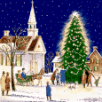 Mini animatie van een kerk - Kerkje in de sneeuw met daarnaast een reusachtig grote kerstboom