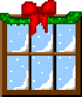 Mini animatie van sneeuw - Achter het raam waar een rode strik boven hangt sneeuwt het