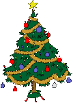 Mini kerstanimatie van een kerstboom - Kerstboom met gele slingers en blauwe en rode kerstballen