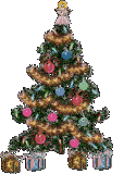 Mini kerstanimatie van een kerstboom - Rijk versierde kerstboom met gekleurde kerstverlichting en drie kerstcadeaus