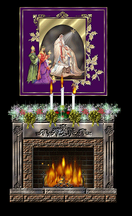 Grote animatie van een schoorsteen - Brandende open haard met daarboven drie brandende witte kaarsen en een schilderij van Jozef en Maria met Jezus in de kribbe die bezoek krijgen van de drie wijzen uit het oosten