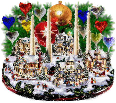 Grote kerstanimatie - Huizen in de sneeuw met kerstballen