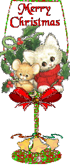 Kleine animatie van een kerstglas - Merry Christmas met een glas met daarin een muis en een katje en hulstbladeren met rode besjes