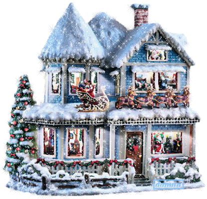 Grote kerstanimatie van een kersthuis - Kersthuis in de sneeuw met een besneeuwde versierde kerstboom en de kerstman op zijn arrenslee met rendieren