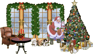 Middelgrote kerstanimatie van een kerstboom - De Kerstman versiert de kerstboom waar een grote verzameling kerstcadeaus onder ligt