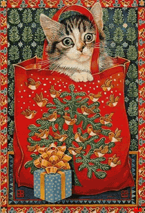 Middelgrote animatie van een kerstdier - Katje in de tas waar een kerstboom op staat