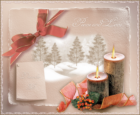 Grote kerstanimatie - Peace and love op 25 december met twee brandende bruine kaarsen en een rode strik boven een sneeuwlandschap