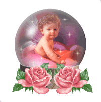Kleine animatie van een sneeuwglobe - Engeltje in een globe met twee roze rozen
