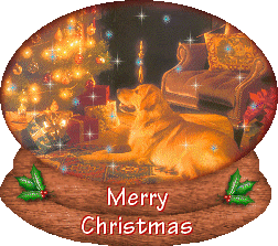 Middelgrote animatie van een kerstwens - Merry Christmas met een globe met een hond die naast de kerstboom ligt