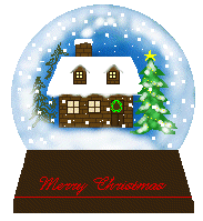 Kleine animatie van een kerstwens - Merry Christmas op de voet van een sneeuwwereld met een huis en kerstboom