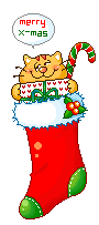 Mini animatie van een kerstsok - Merry X-mas met een kat die een kerstcadeau vasthoudt in een rode kerstsok